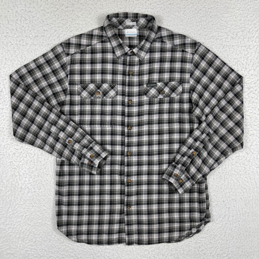 Columbia Plaid Button Down Shirt Mens Medium Grey Black Stretch Flannel AM0232